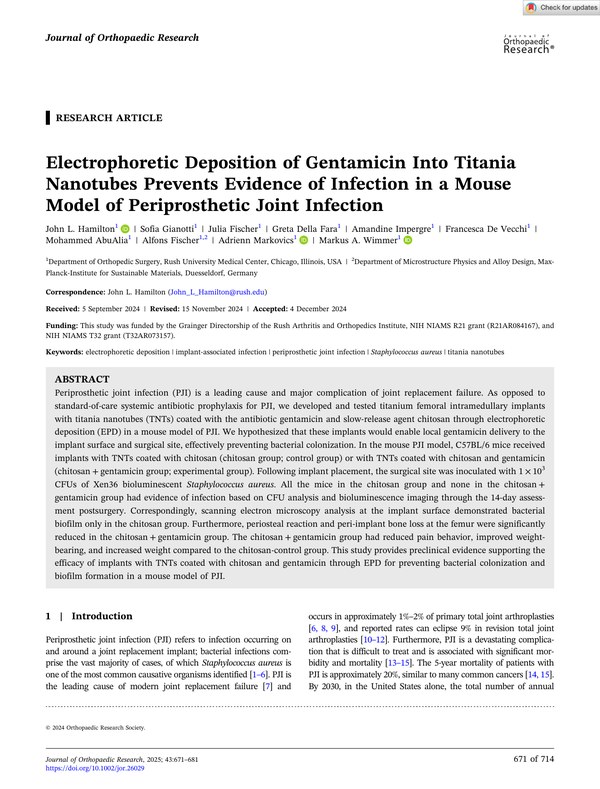 First page of Hamilton 2025 paper on EPD gentamicin titania nanotubes